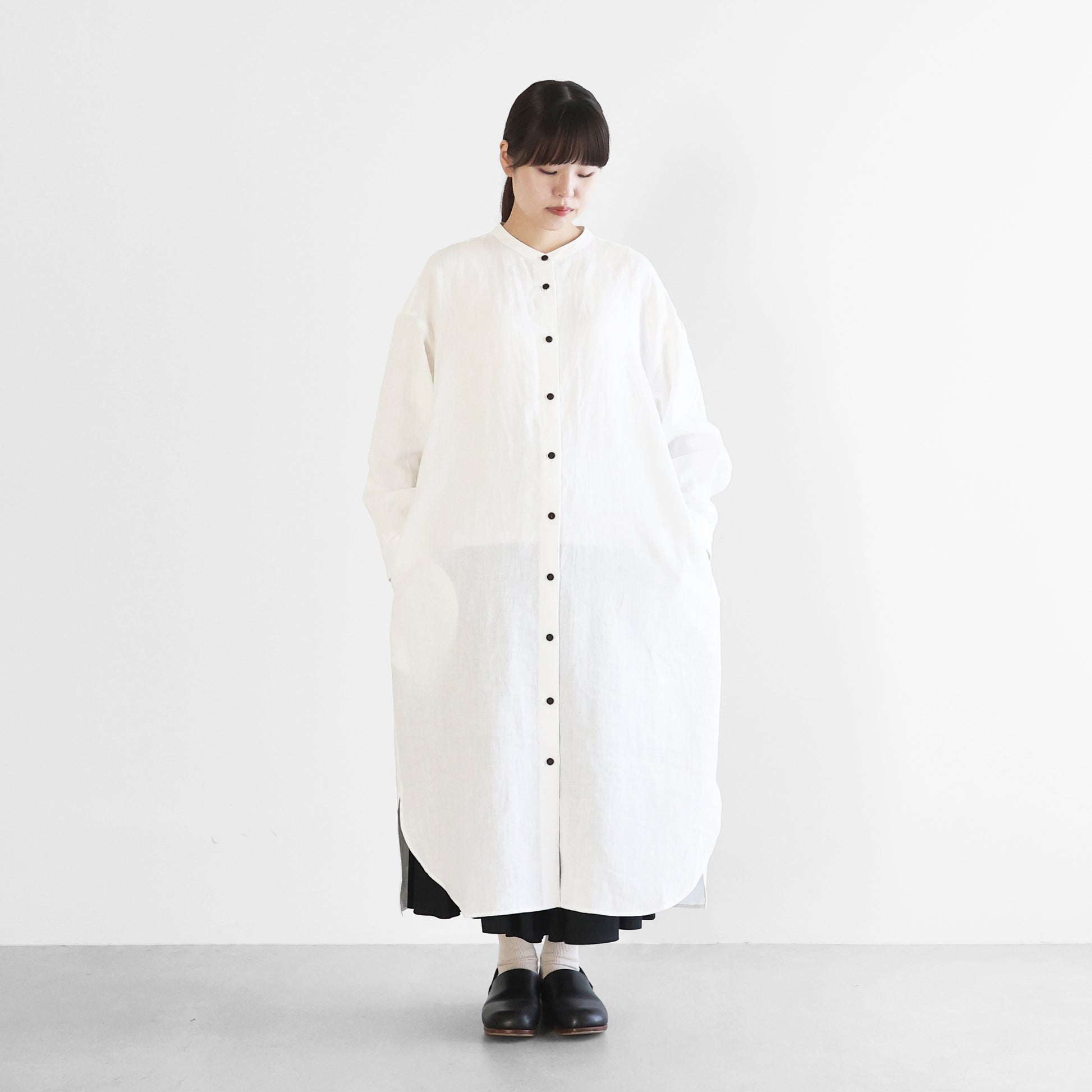 オールドレピアリネンバンドカラーシャツロングワンピース【レディス】 U218