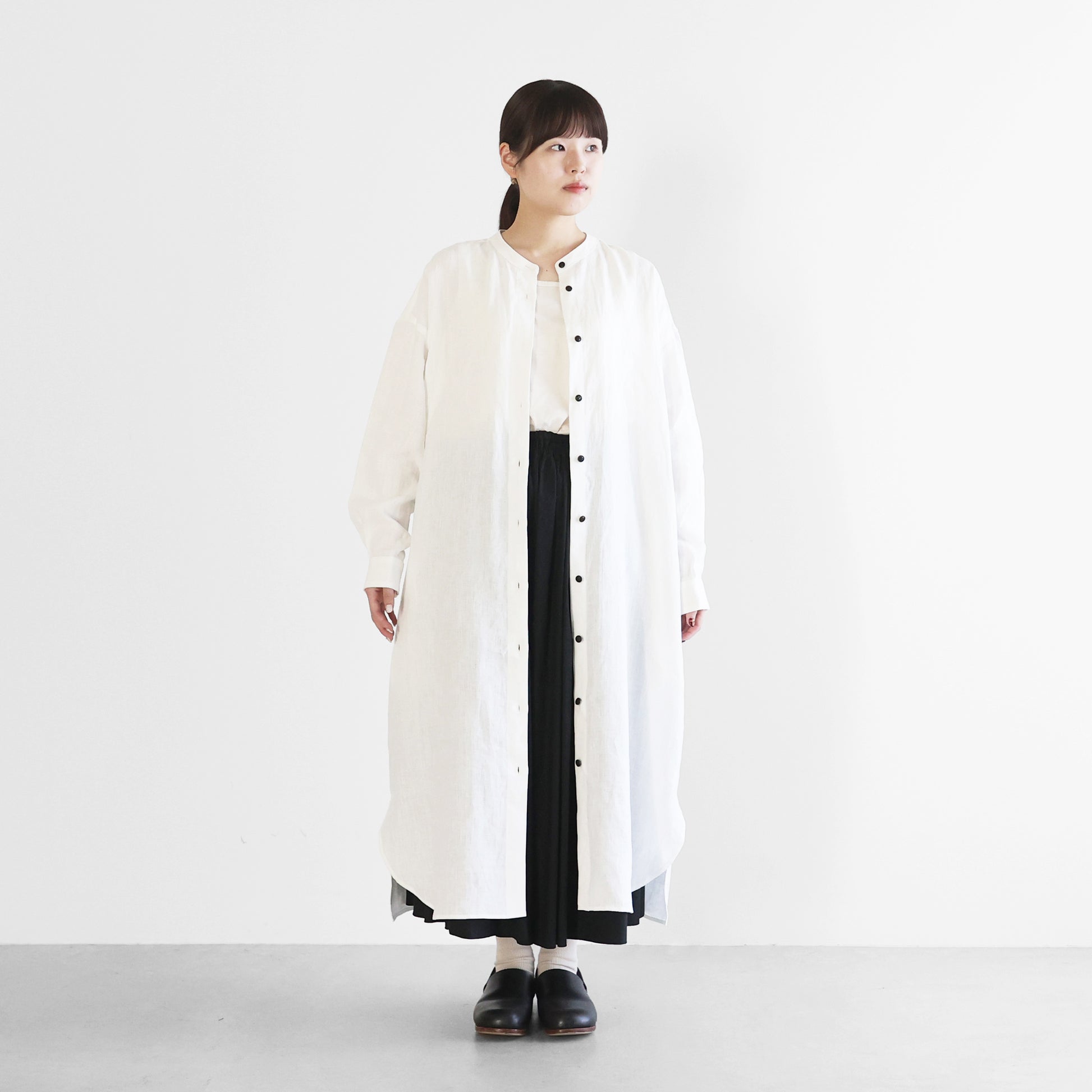 オールドレピアリネンバンドカラーシャツロングワンピース【レディス】 U218