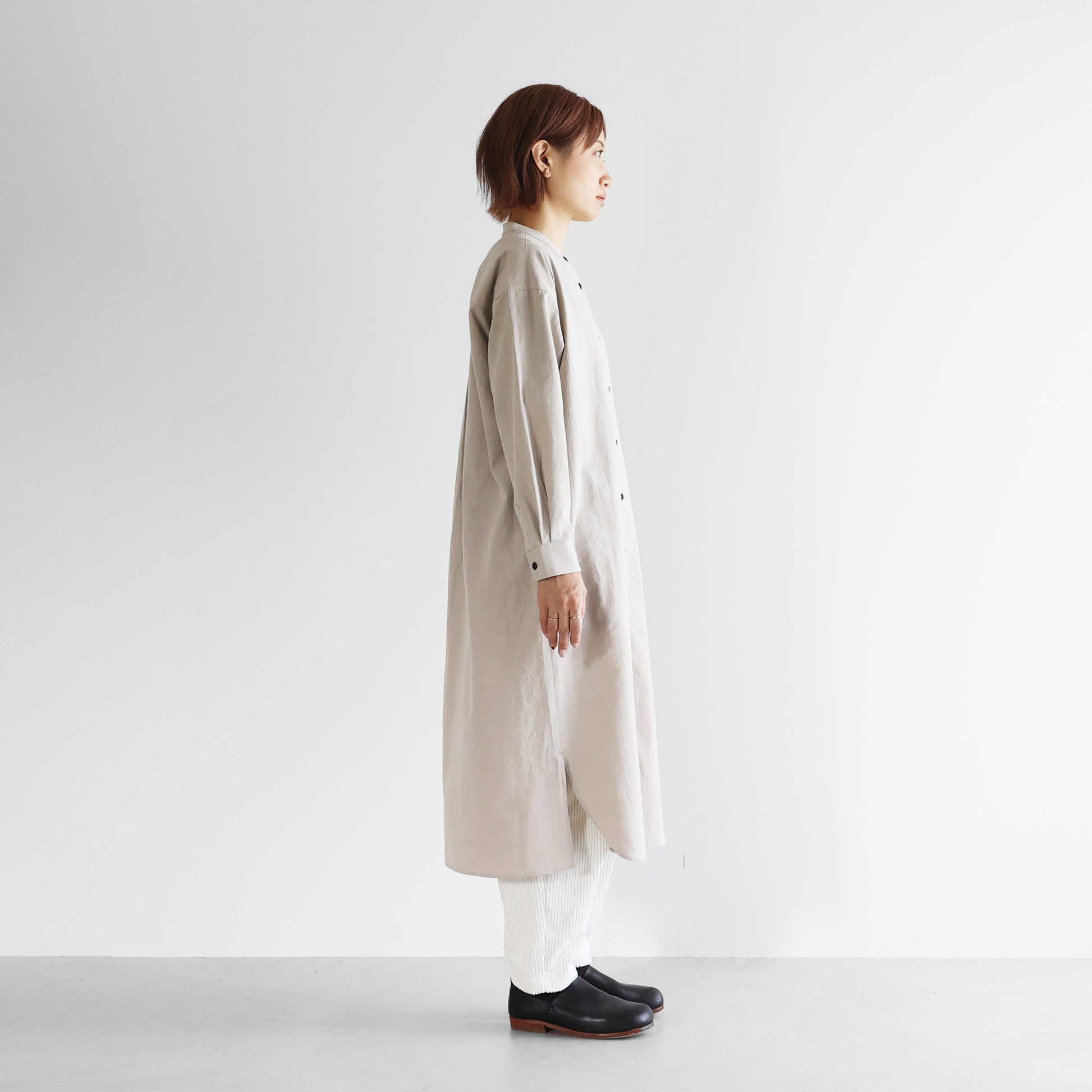 ギザコットンヘンプバンドカラーシャツロングワンピース【レディス】 U218