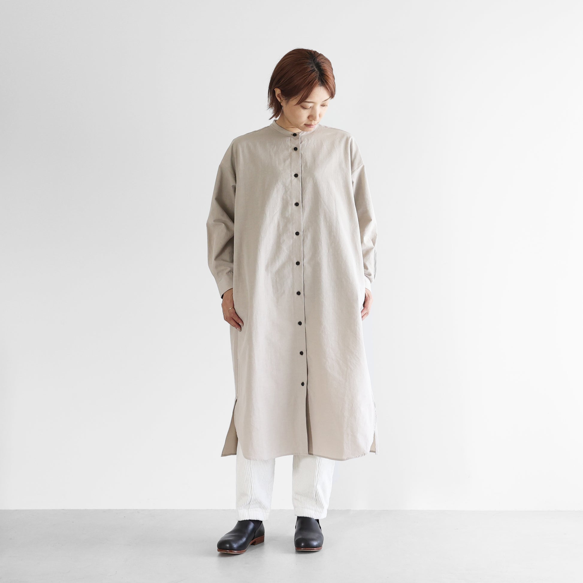ギザコットンヘンプバンドカラーシャツロングワンピース【レディス】 U218