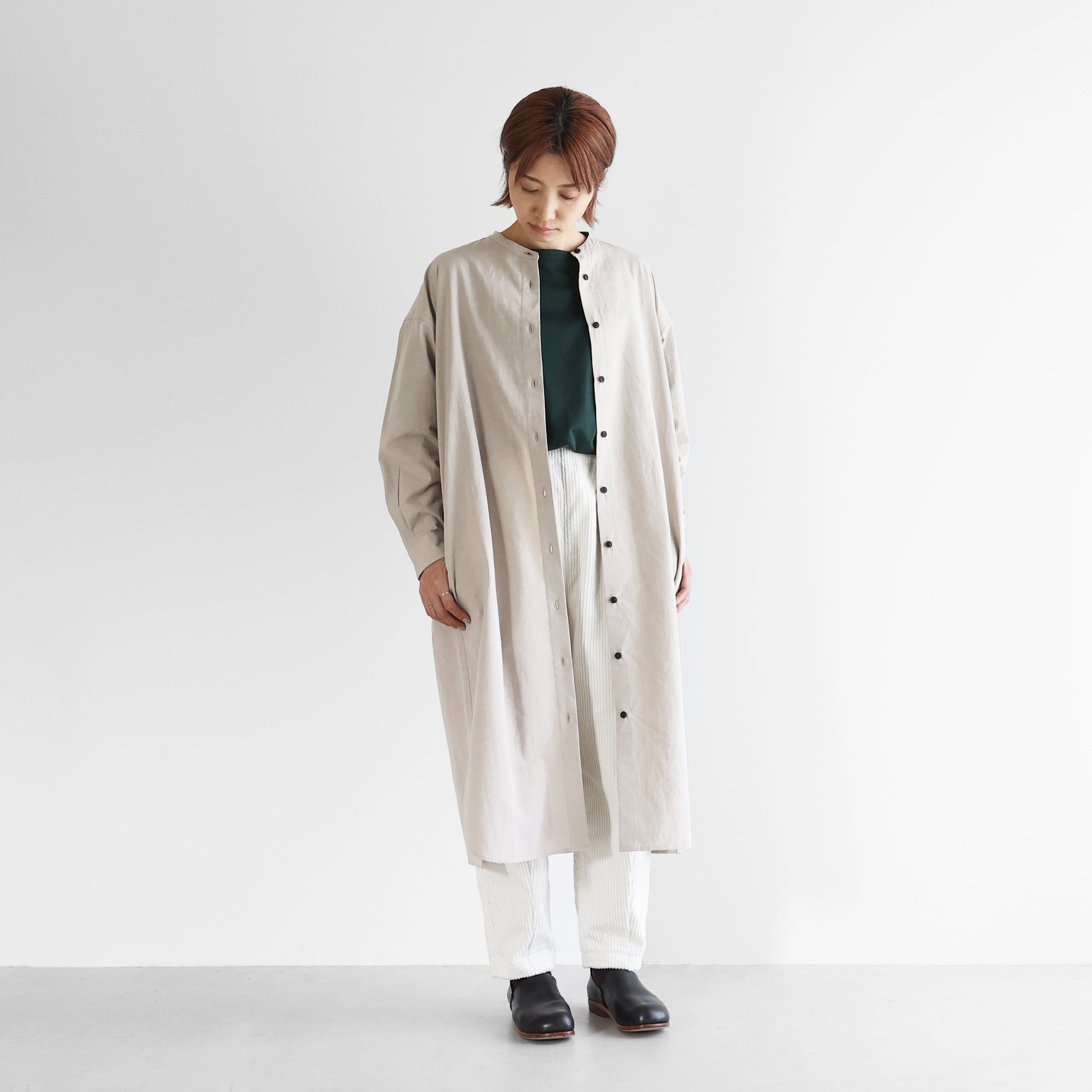 ギザコットンヘンプバンドカラーシャツロングワンピース【レディス】 U218