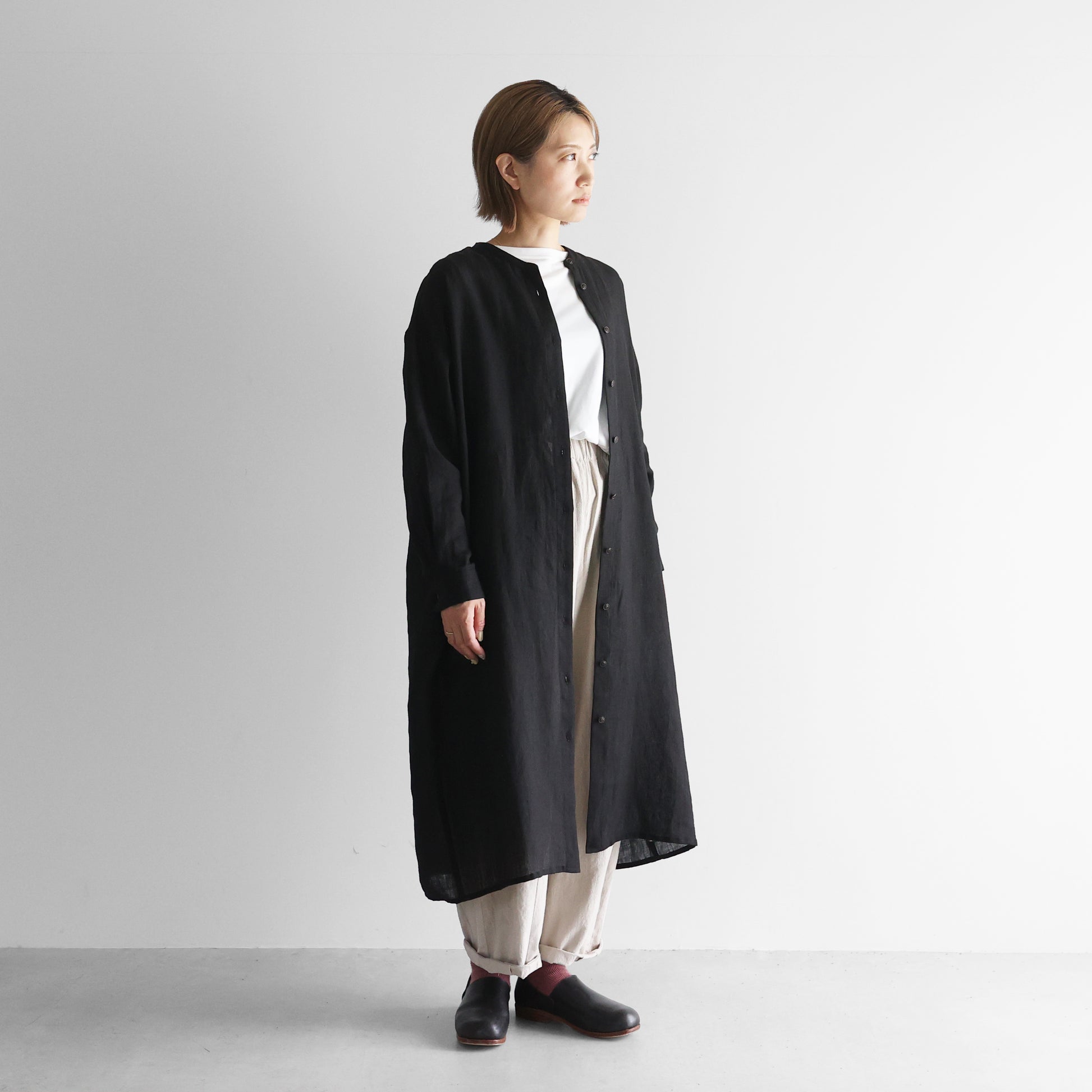 シャトルリネンライトバンドカラーシャツロングワンピース【レディス】 U218