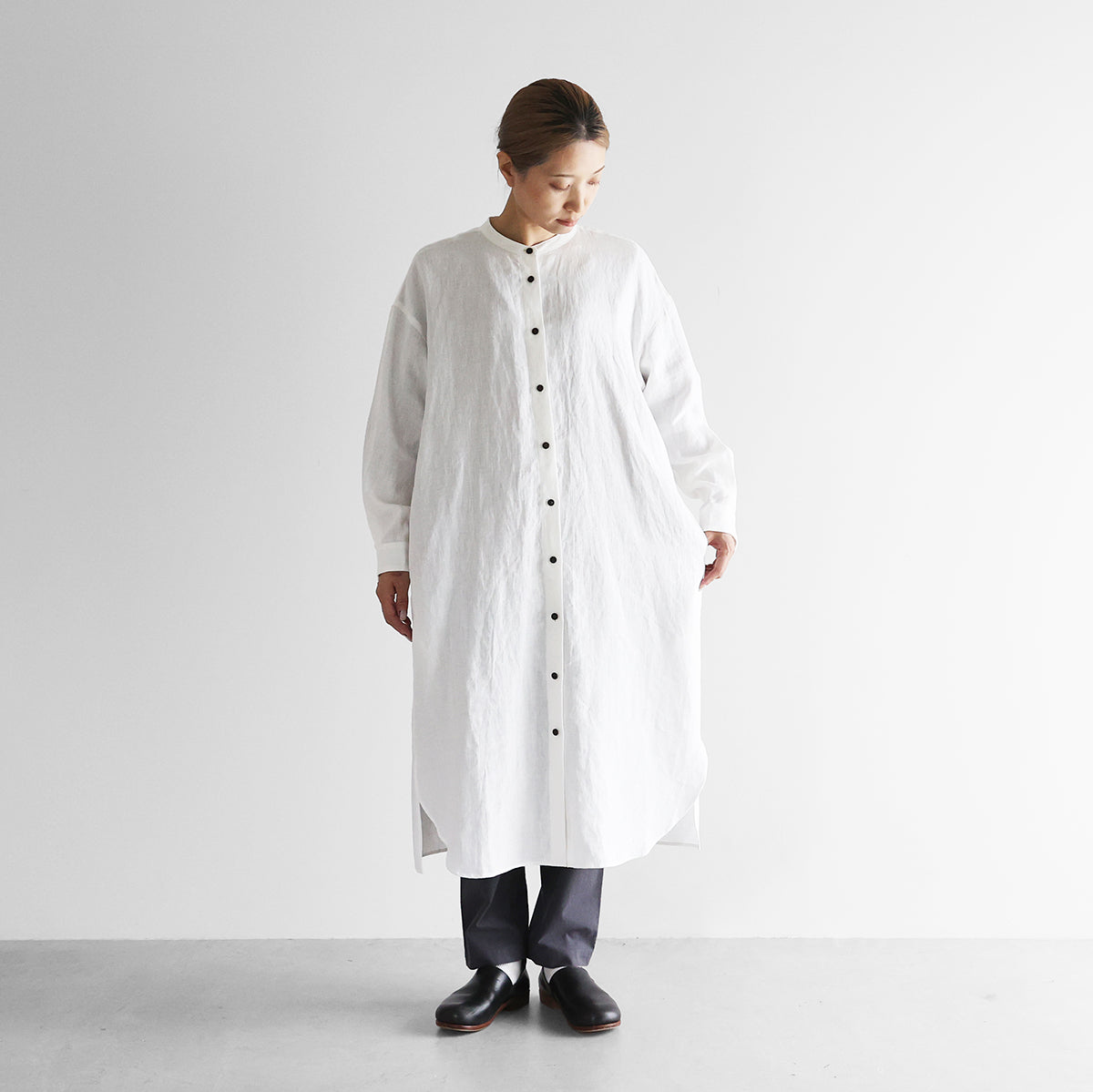 オールドレピアリネンバンドカラーシャツロングワンピース【レディス】 U218