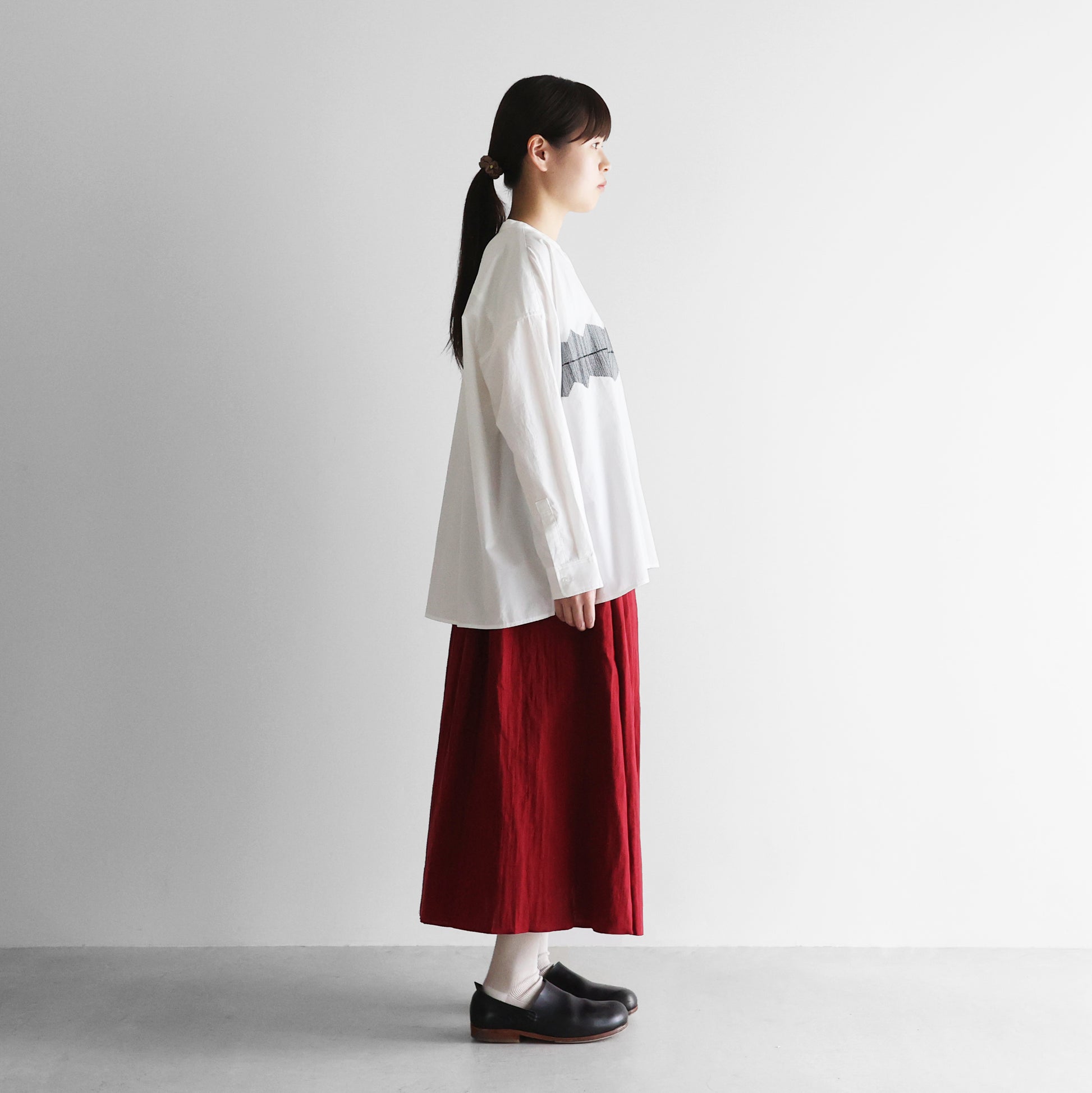 オーガニックコットン刺繍バンドカラーワイドブラウス【レディス】U104EM