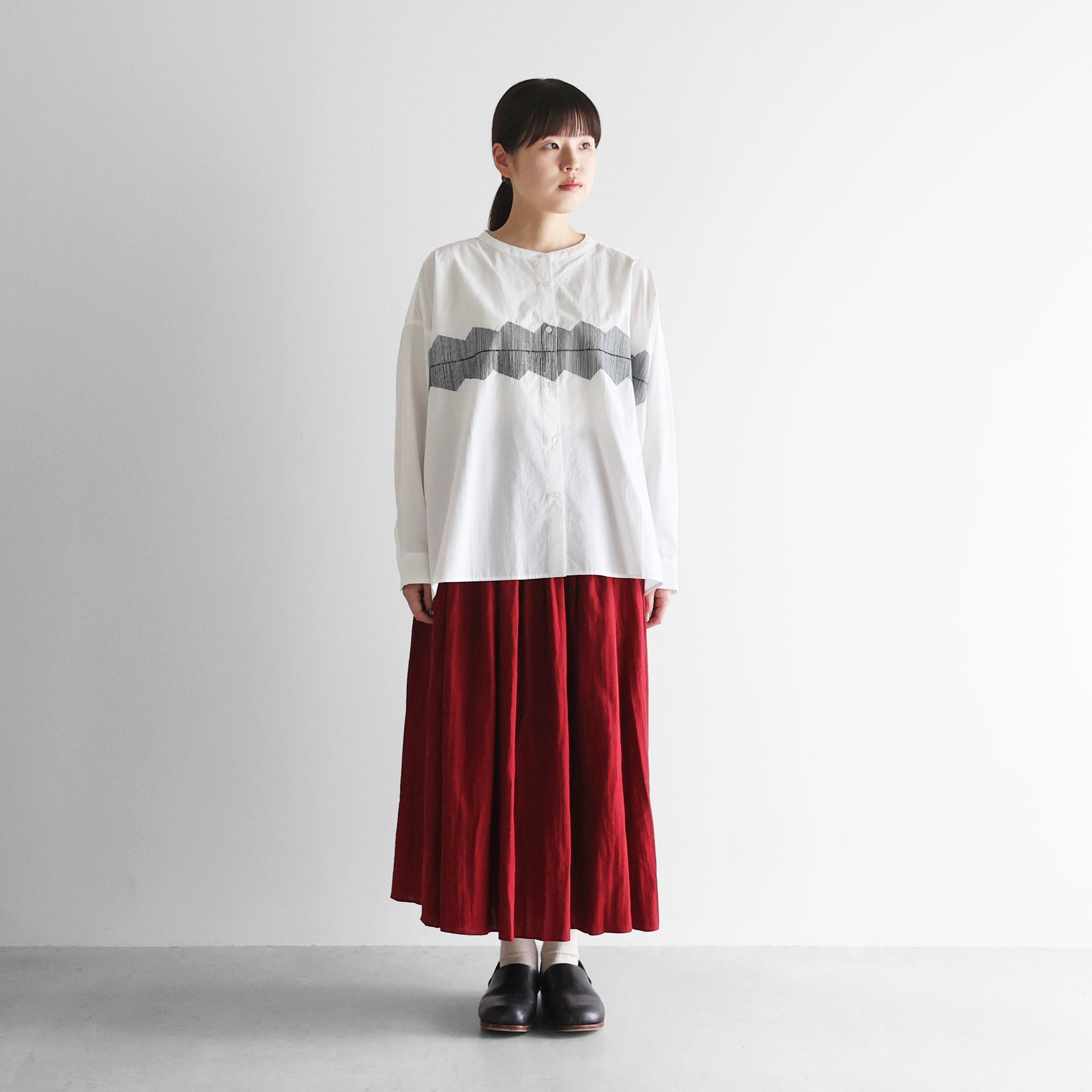 オーガニックコットン刺繍バンドカラーワイドブラウス【レディス】U104EM