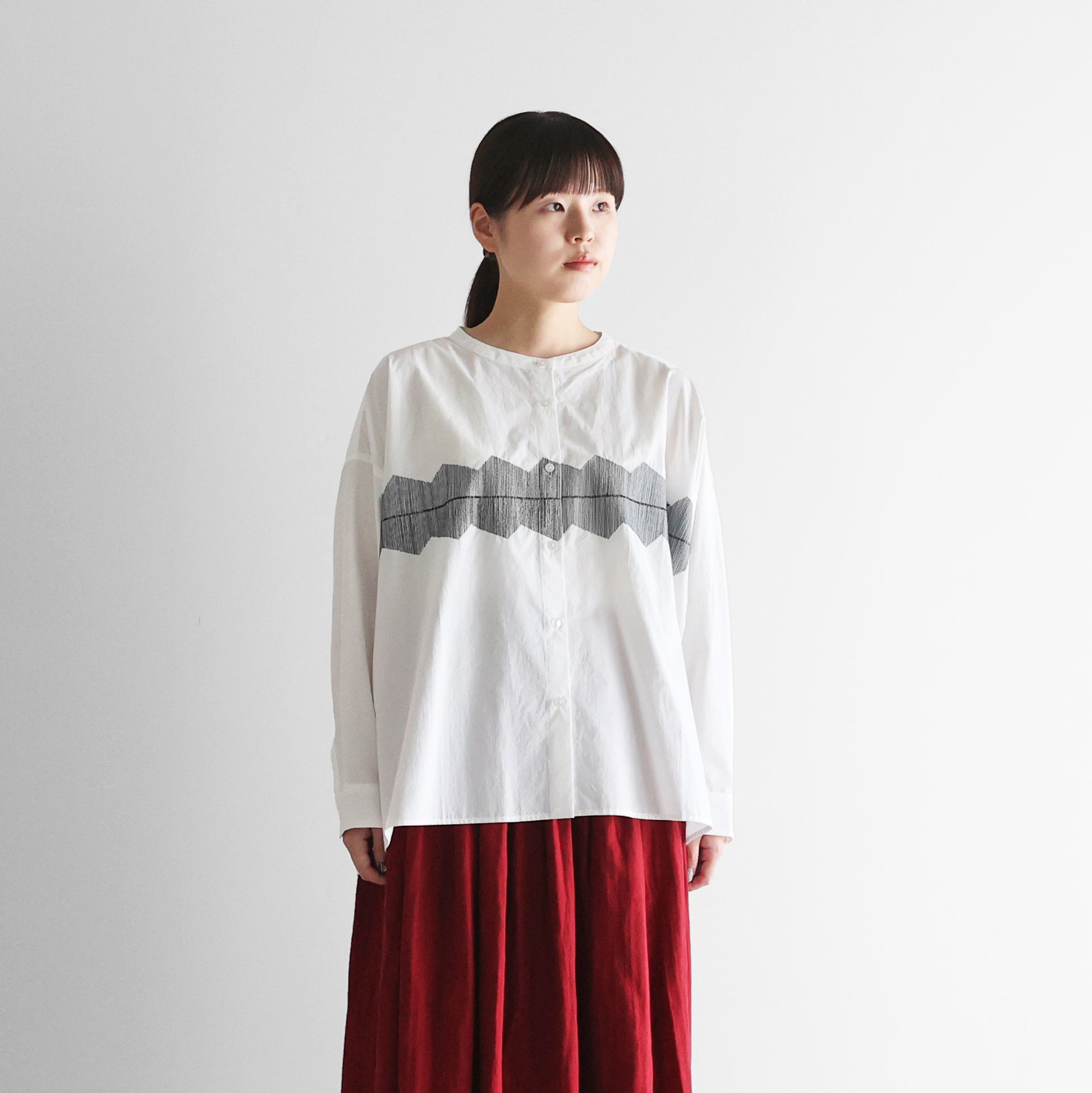 オーガニックコットン刺繍バンドカラーワイドブラウス【レディス】U104EM