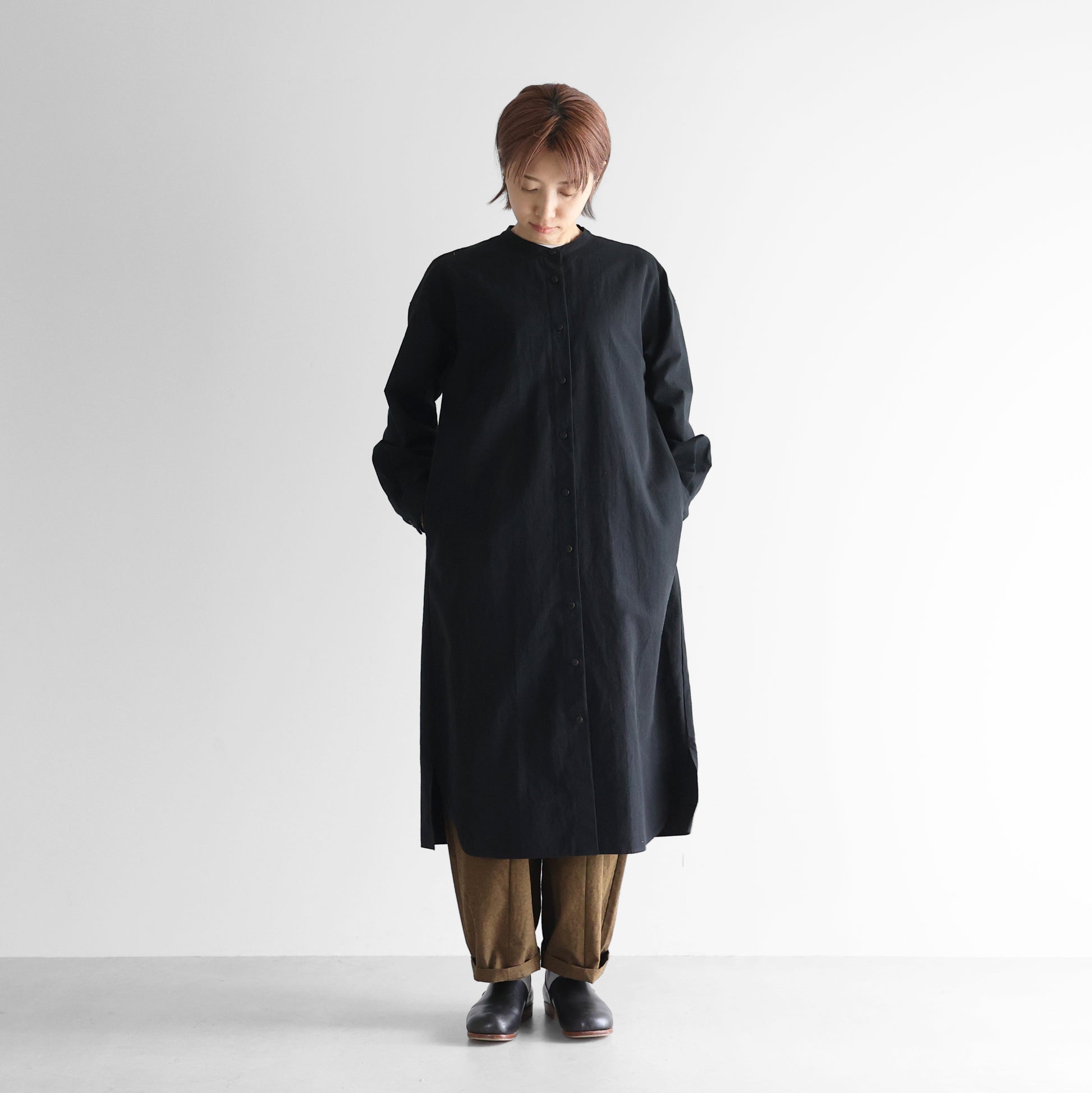 ギザコットンヘンプバンドカラーシャツロングワンピース【レディス】 U218