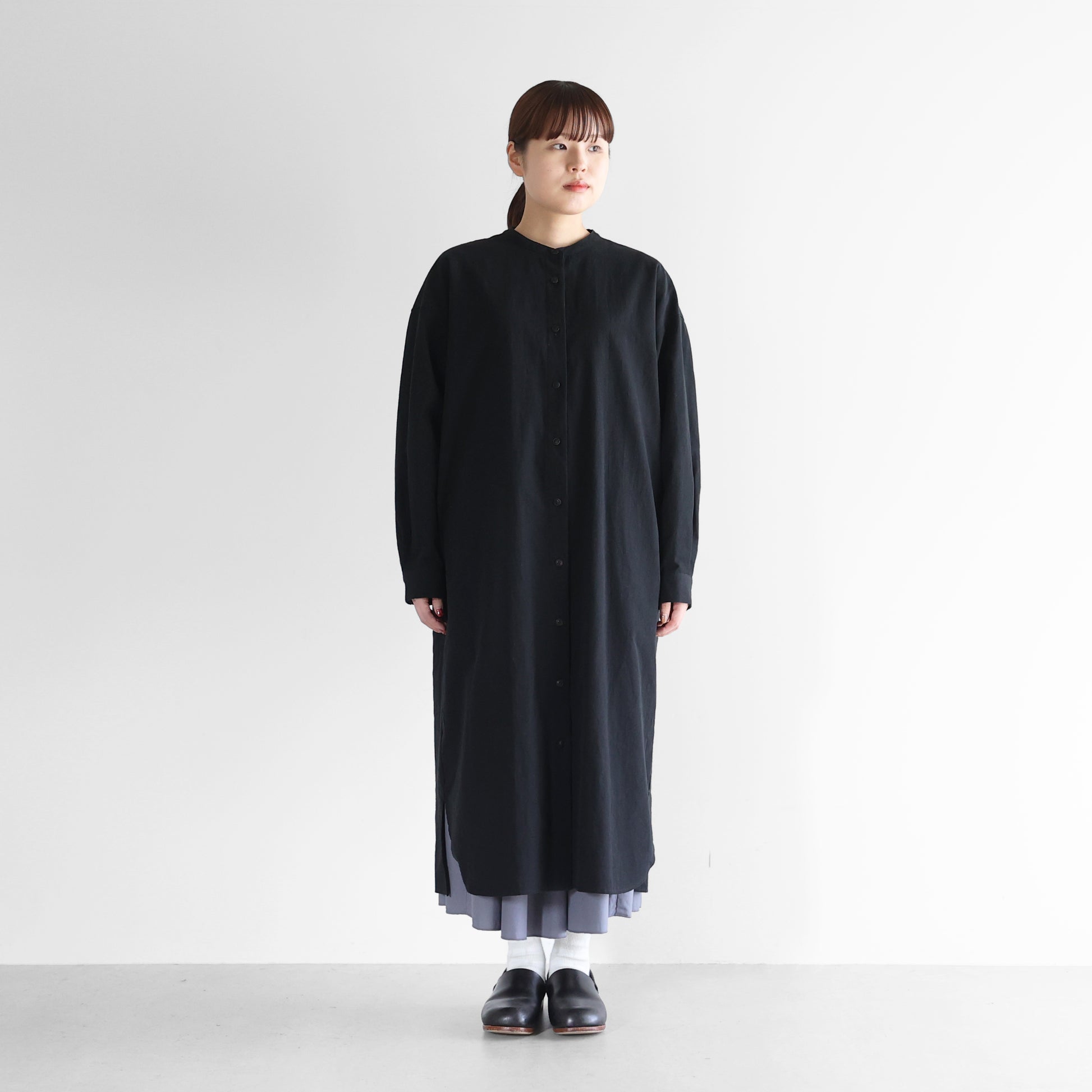 ギザコットンヘンプバンドカラーシャツロングワンピース【レディス】 U218