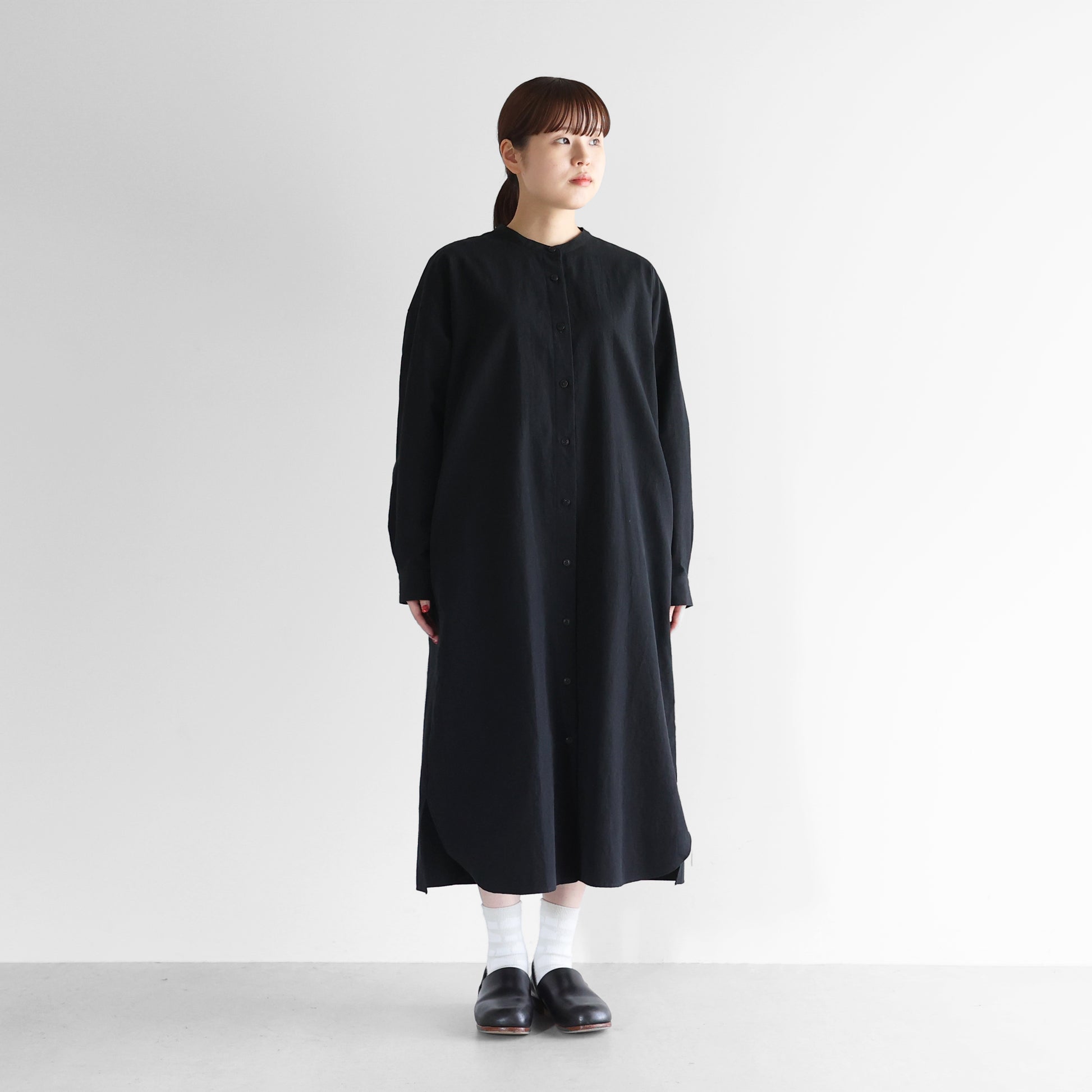 ギザコットンヘンプバンドカラーシャツロングワンピース【レディス】 U218