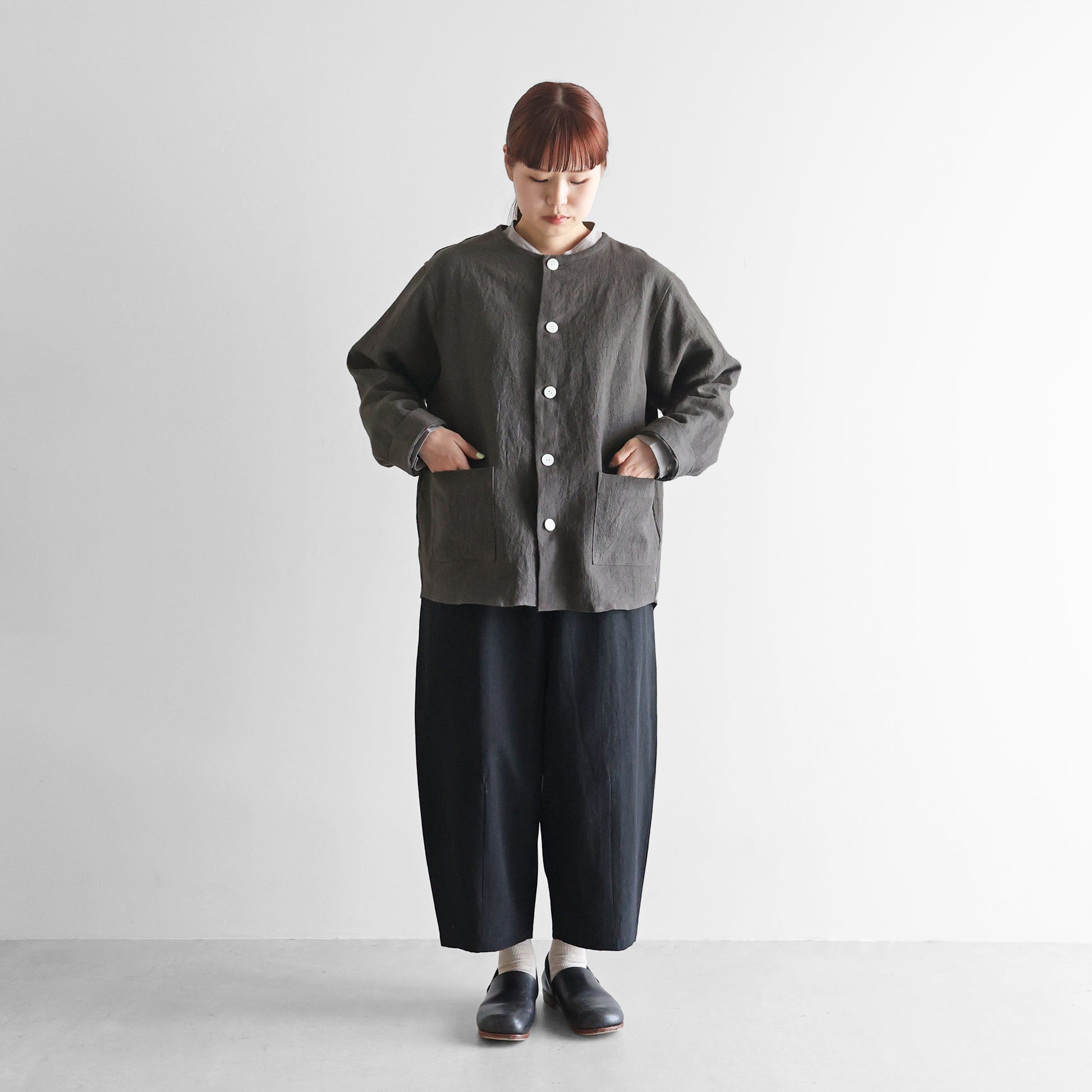 オールドレピア天日干しラミーリネンノーカラーシャツジャケット【ユニセックス】010